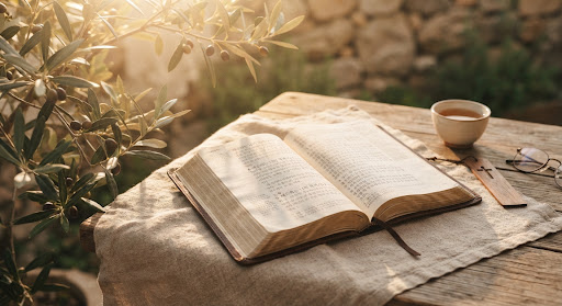 Open Bible in warm sunlight